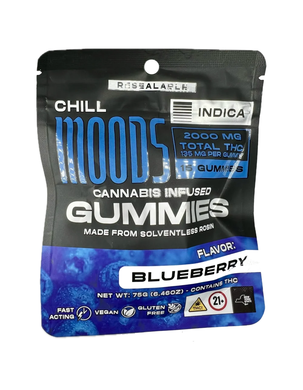 Moods | Gummies | Solventless Rosin | Blueberry (I) | 15 Pack | 2000mg (15pcs x 135mg)