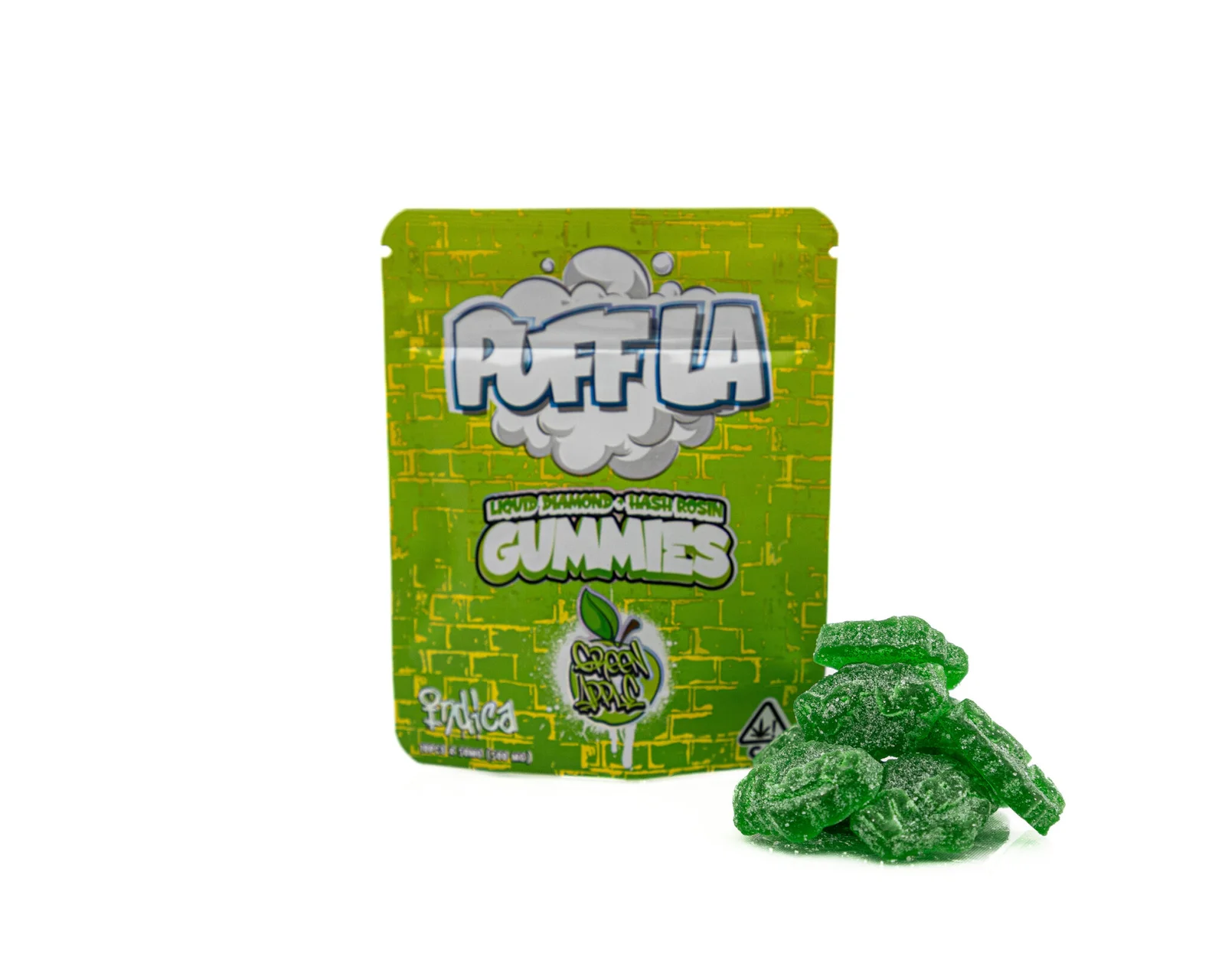 Puff LA | Gummies | Liquid Diamond + Hash Rosin Infused | Green Apple | 10 Pack | 500mg (10 x 50mg) | Indica